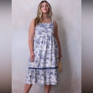 Lauren Conrad Summer Midi Dress, Blue Tropical Toile, NWT, Cotton, Lined size 2X